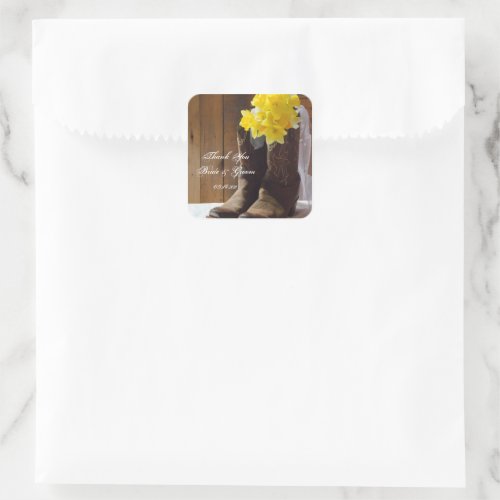 Daffodils Cowboy Boots Western Wedding Thank You Square Sticker