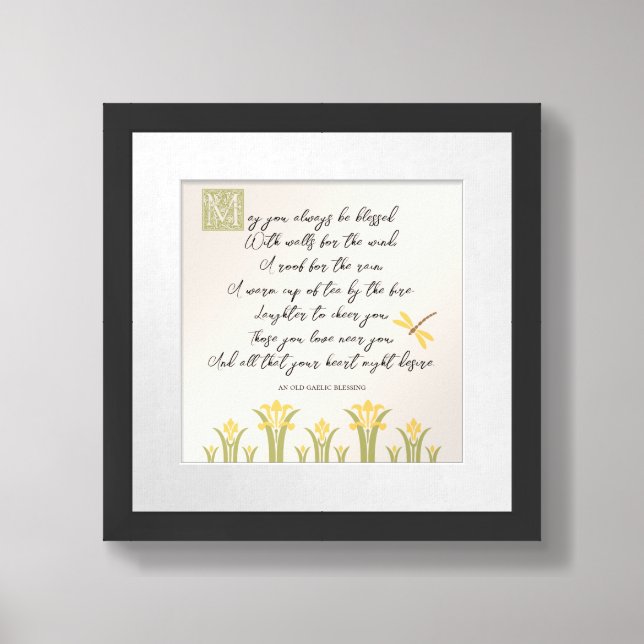 Daffodils Dragonfly Gaelic Blessing Framed Poster (Framed Front)