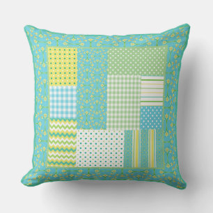 Daffodils Faux-patchwork Checks, Polkas, Stripes Throw Pillow