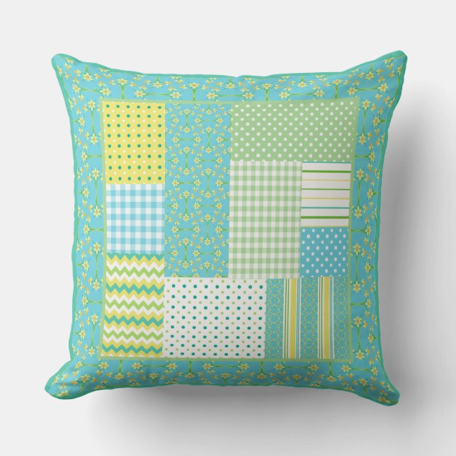 Daffodils Faux-patchwork Checks, Polkas, Stripes Throw Pillow (Front)