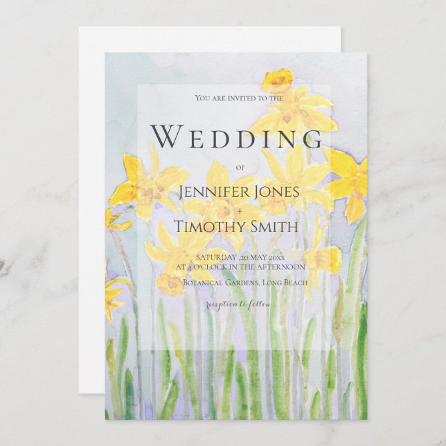 daffodils field watercolour wedding invitation  (Front/Back)