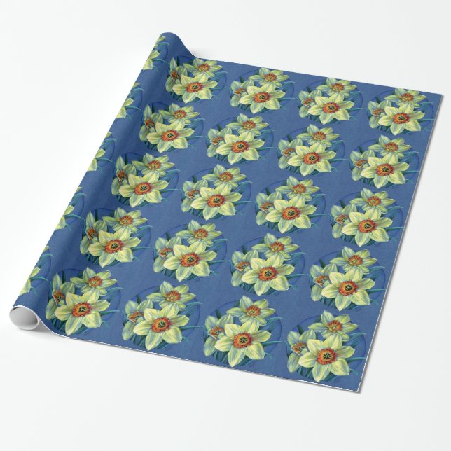 Daffodils fine art blue yellow wrapping wrapping paper (Unrolled)