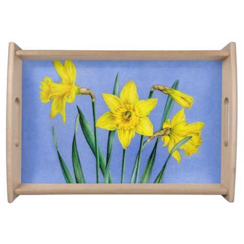 Daffodils fine art flowers blue and yellow serving tray