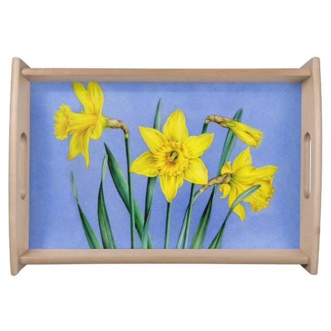 Daffodils fine art flowers blue and yellow serving tray (Front)