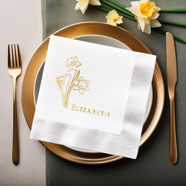 Daffodils Floral Outline Foil Stamped Napkins (Elegant Spring Daffodils Floral Outline Foil Stamped Napkins)