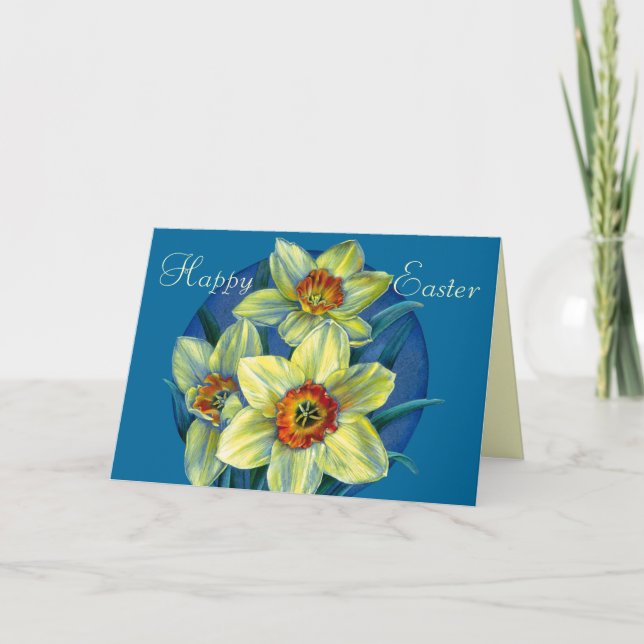 Daffodils "Happy Easter" yellow and blue card (Front)