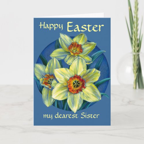Daffodils Happy Easter yellow  blue Sister card