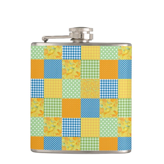 Daffodils Hip Flask: Country-Style Faux-Patchwork Flask (Front)