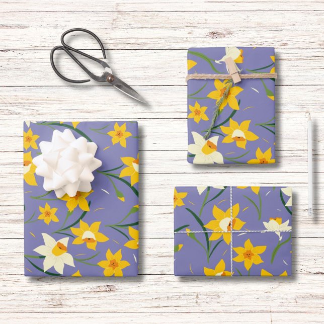 Daffodils on Blue Purple Wrapping Paper Sheets (Creator Uploaded)