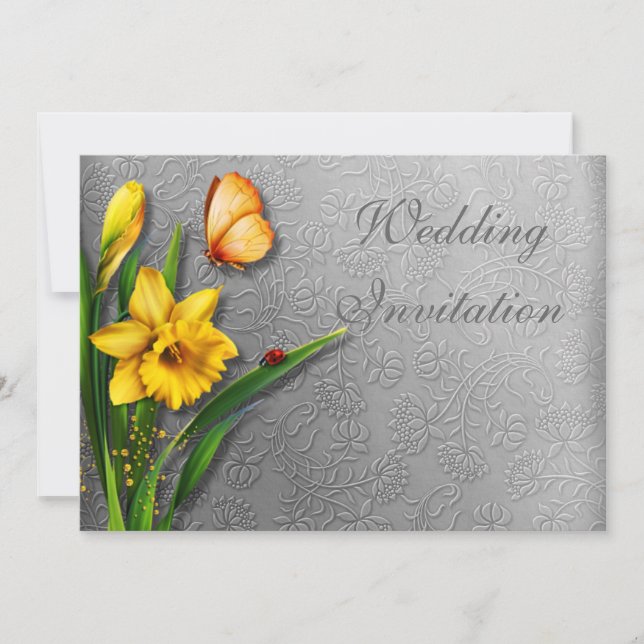 Daffodils on Decorated Silvery Invitation Card (Front)