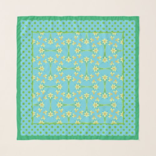 Daffodils on Sky Blue Polka Dot Border Scarf