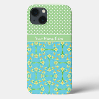 Daffodils on Turquoise, White Polkas on Soft Green iPhone 13 Case