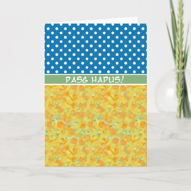 Daffodils, Polka Dots Easter Card Welsh Greeting (Front)
