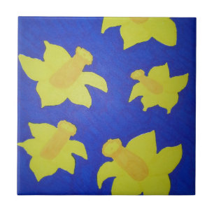 Daffodils Pop Art Blue Ceramic Tile