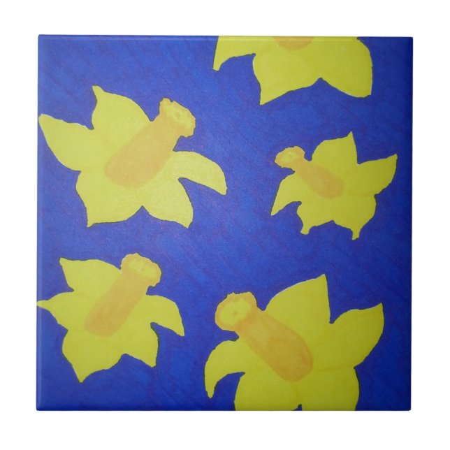Daffodils Pop Art Blue Ceramic Tile (Front)