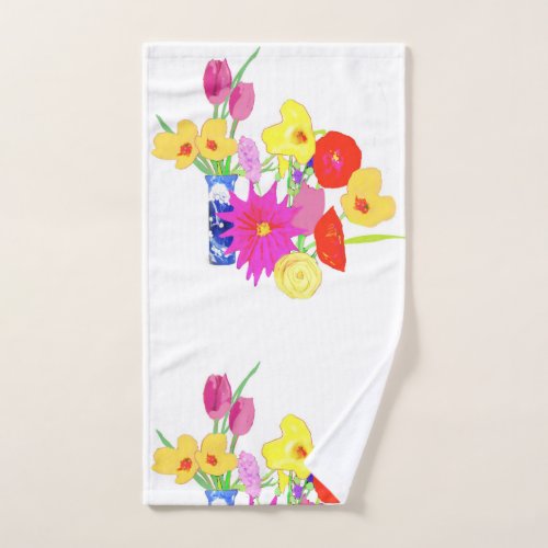 Daffodils Roses Tulips Zinnia Green Stems Bath Towel Set