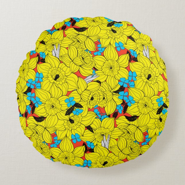 Daffodils spring floral pattern round pillow (Front)