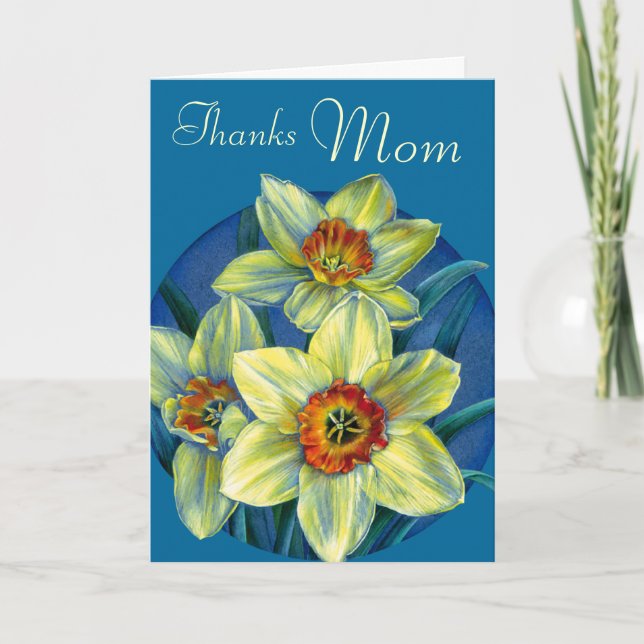Daffodils "Thanks Mom" yellow & blue mothers card (Front)