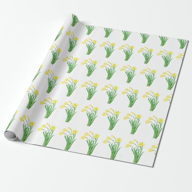Daffodils Watercolor Yellow Floral Spring Pretty Wrapping Paper (Unrolled)