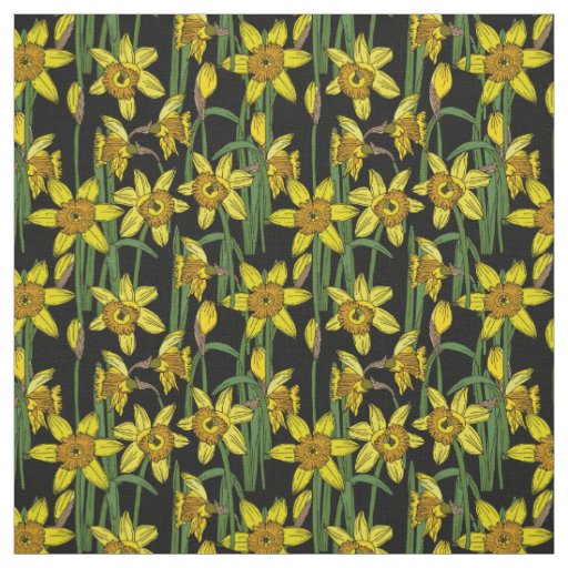 Daffodils Yellow Narcissus Flower Pattern on Black Fabric