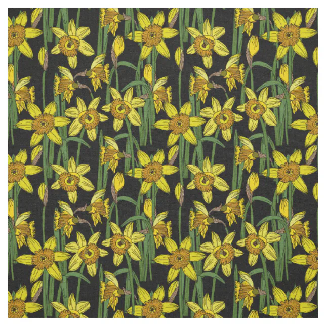 Daffodils Yellow Narcissus Flower Pattern on Black Fabric | Zazzle
