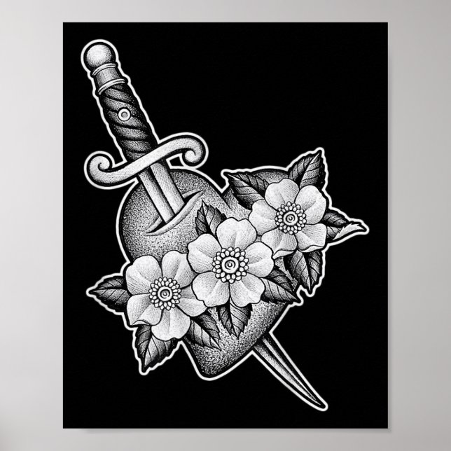 Dagger Through Heart X Flowers Blackwork Tattoo Fl Poster (Front)