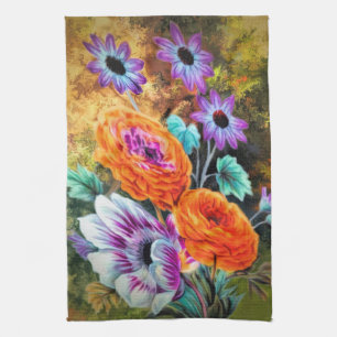 Dahlia and daisy flower garden floral vintage kitchen towel