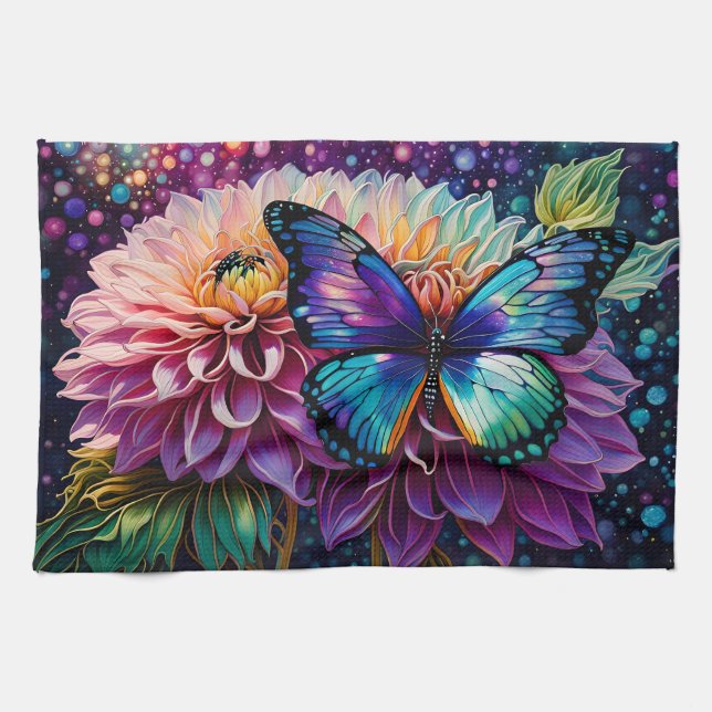 Dahlia And Iridescent Butterfly Kitchen Towel (Horizontal)