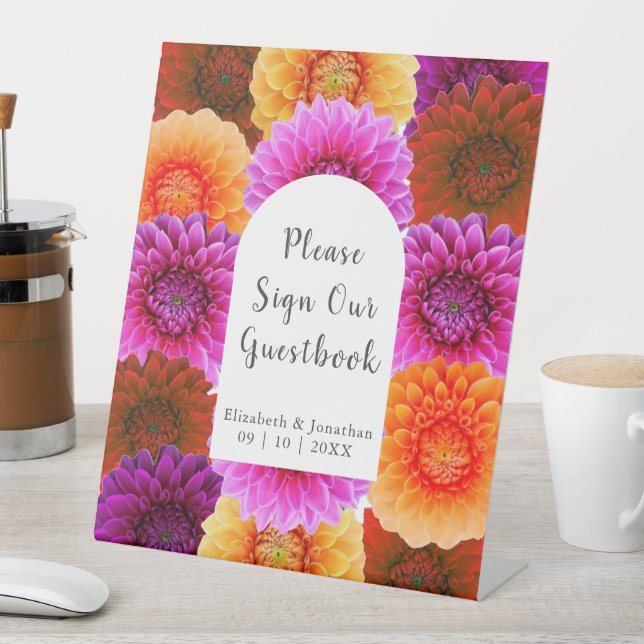 Dahlia Autumn Floral Wedding Pedestal Sign (In SItu)