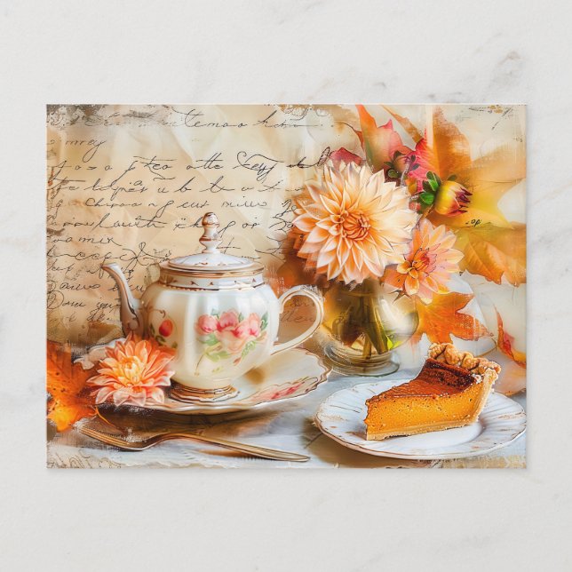 Dahlia Bloom with Pumpkin Cake Slice and Teapot Postcard (Front)