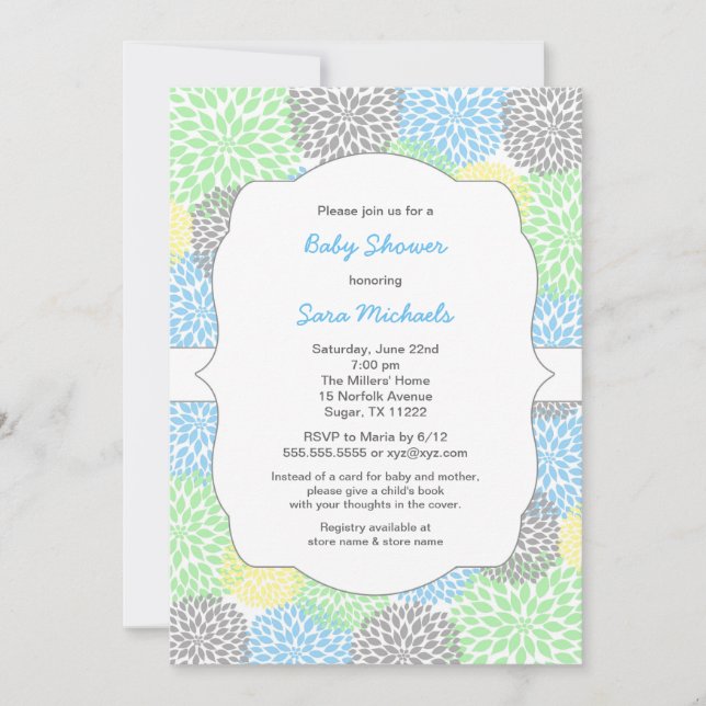 Dahlia blooms neutral baby shower blue mint gray invitation (Front)