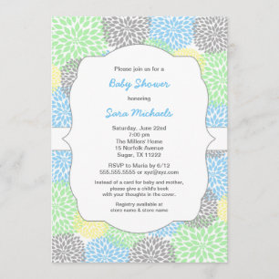 Dahlia blooms neutral baby shower blue mint gray invitation