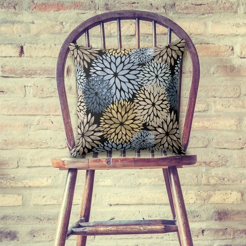 Dahlia Blue Gold Oversized Flower Pattern Throw Pillow