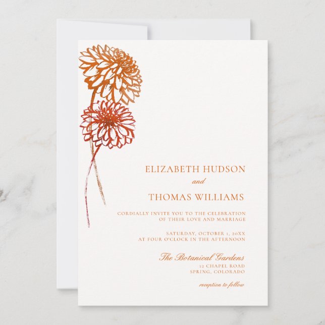 Dahlia Bold Floral Art Sketch Modern Fall Wedding Invitation (Front)