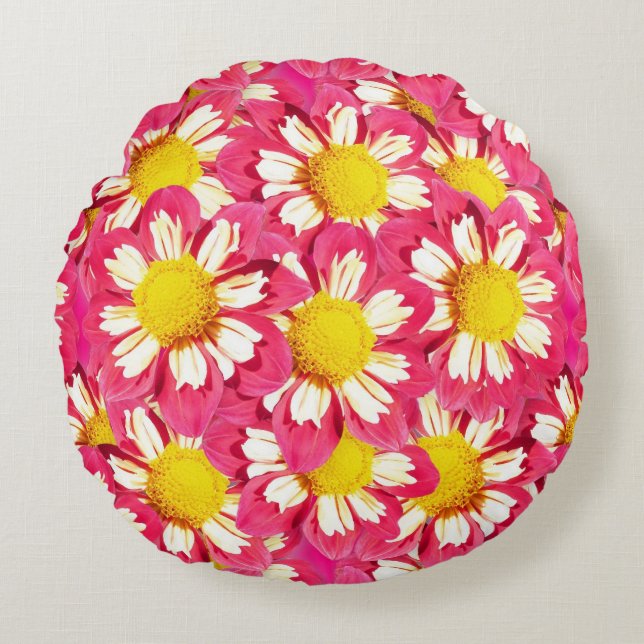 Dahlia bouquet - coral and white with yellow round pillow (Front)