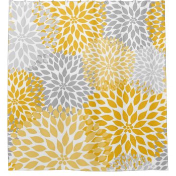 Dahlia Bouquet - Mustard Yellow Gray Floral Shower Curtain by lemontreecards at Zazzle