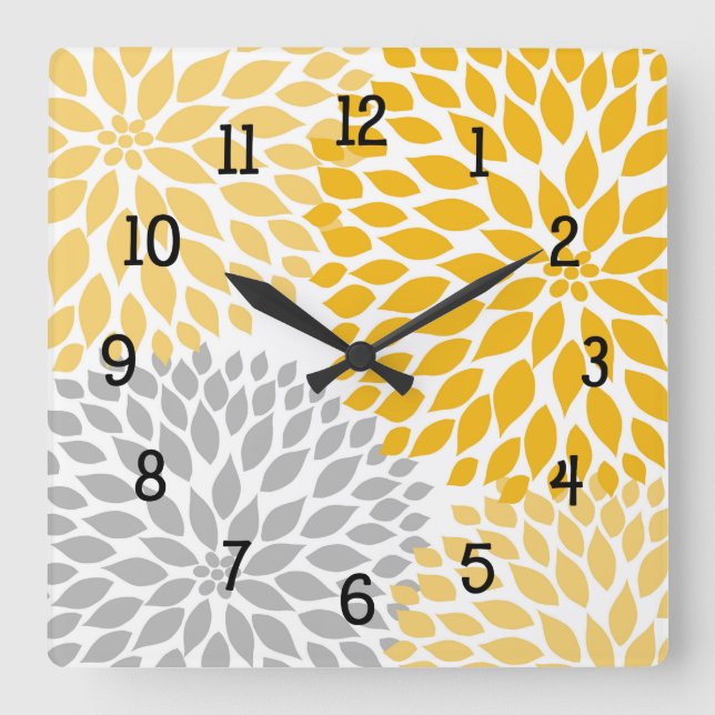 Dahlia Bouquet, mustard yellow gray floral Square Wall Clock (Front)