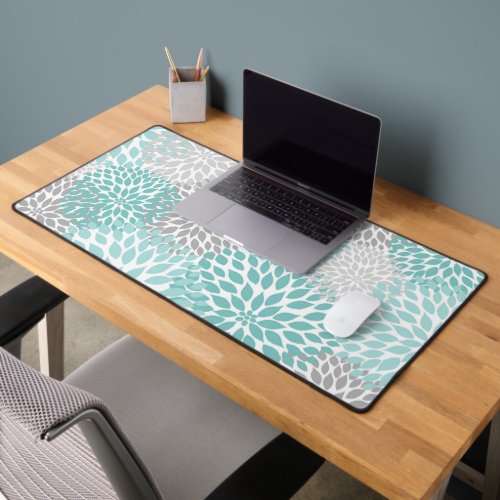 Dahlia Bouquet Teal Aqua Gray Desk Mat