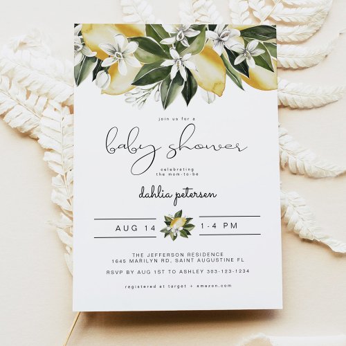 DAHLIA Cute Watercolor Lemon Citrus Baby Shower Invitation