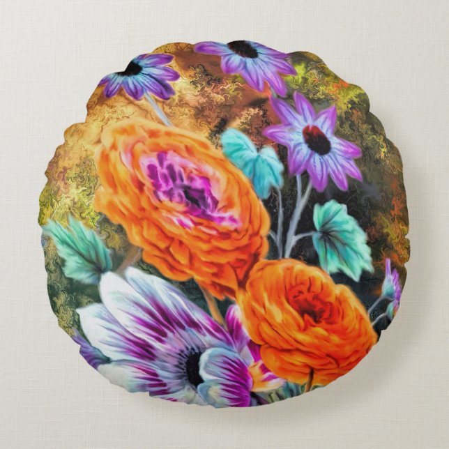 Dahlia daisy flower garden floral gold purple peac round pillow (Front)