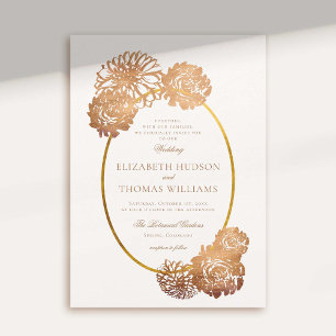 Dahlia Floral Art Sketch Copper Gold Fall Wedding Invitation