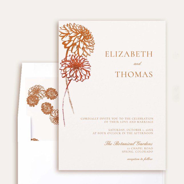 Dahlia Floral Art Sketch Earth Modern Fall Wedding Invitation (elegant fall wedding invitation dahlia earth bright terracotta burnt orange floral sketch modern)