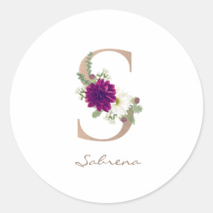Dahlia floral bouquet rose gold monogram letter S Classic Round Sticker