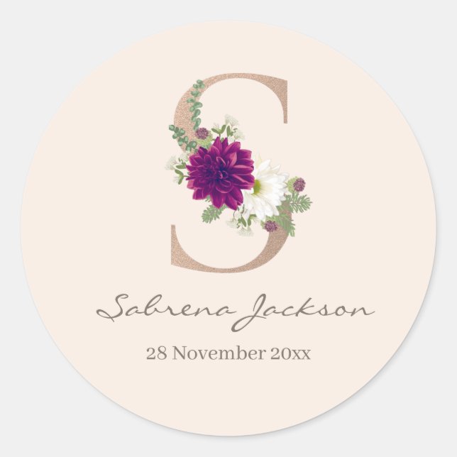 Dahlia floral bouquet rose gold monogram letter  S Classic Round Sticker (Front)