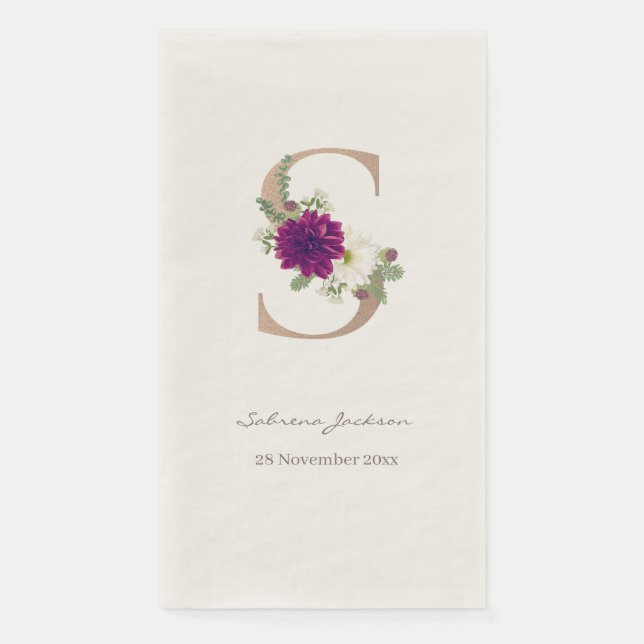 Dahlia floral bouquet rose gold monogram letter  S Paper Guest Towels (Front)