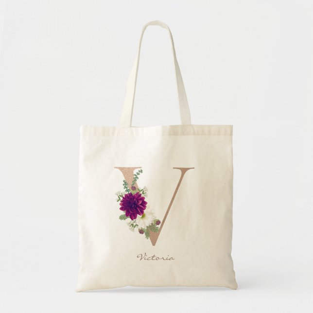 Dahlia floral bouquet rose gold monogram letter  V Tote Bag (Front)