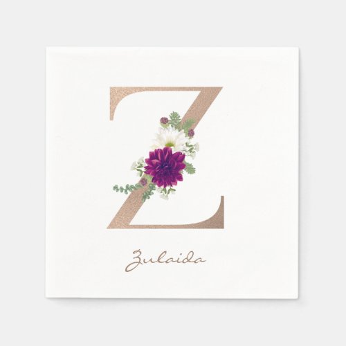 Dahlia floral bouquet rose gold monogram letter z napkins