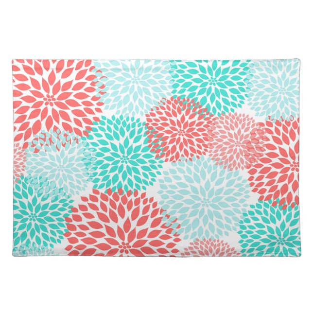 Dahlia Floral in coral and teal placemat (Front)