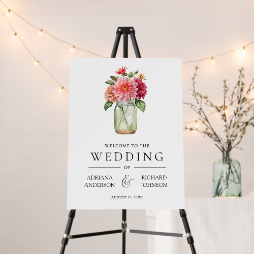 Dahlia Floral Mason Jar Wedding Welcome Sign
