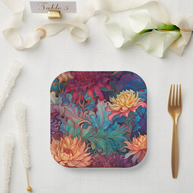 Dahlia Floral Tapestry Paper Plates (Wedding)